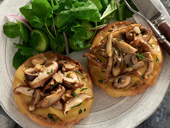 mushrooms on two Bays English Muffins