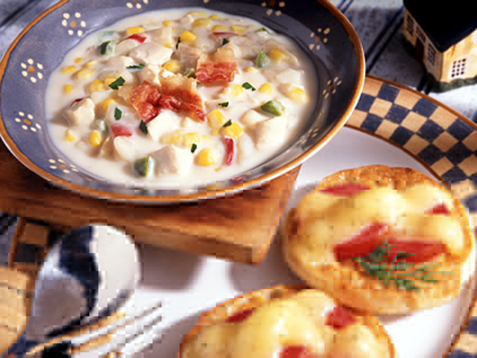 CHICKEN CORN CHOWDER WITH TOMATO CHEESE MUFFINS