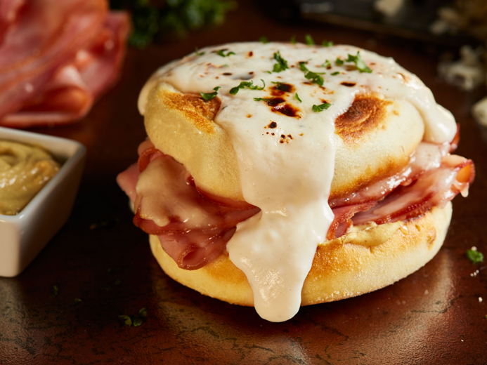 HAM AND CHEESE SANDWICH WITH WHITE SAUCE ON IT
