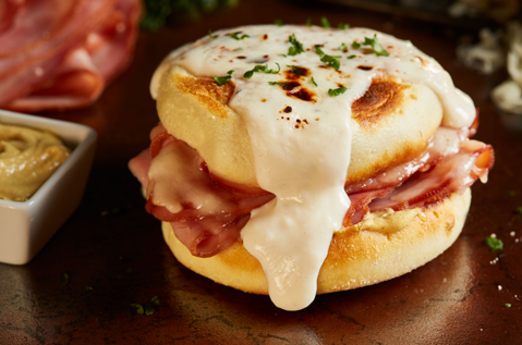 HAM AND CHEESE SANDWICH WITH WHITE SAUCE ON IT