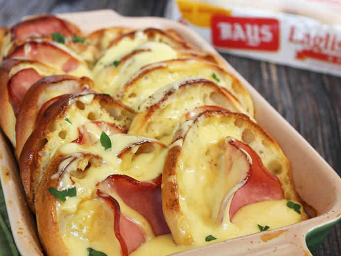 CASSEROLE TRAY FILLED WITH BAYS HAM AND HOLLANDAISE