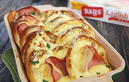 CASSEROLE TRAY FILLED WITH BAYS HAM AND HOLLANDAISE