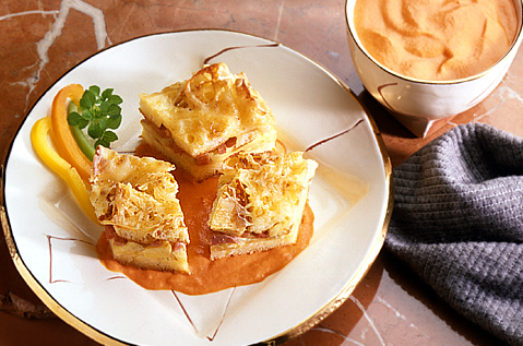 BAYS CUT INTO SQUARES TOPPED WITH CASSEROLE