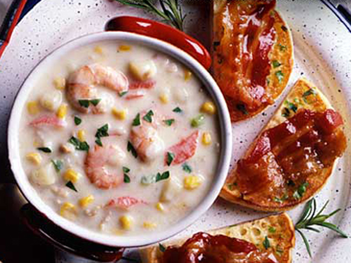 HEARTY SEAFOOD CHOWDER AND SWEET BACON & HERB MUFFINS