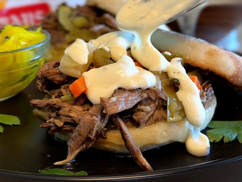 BAYS WITH PULLED BEEF WITH GIARDINIERA AND MAYO