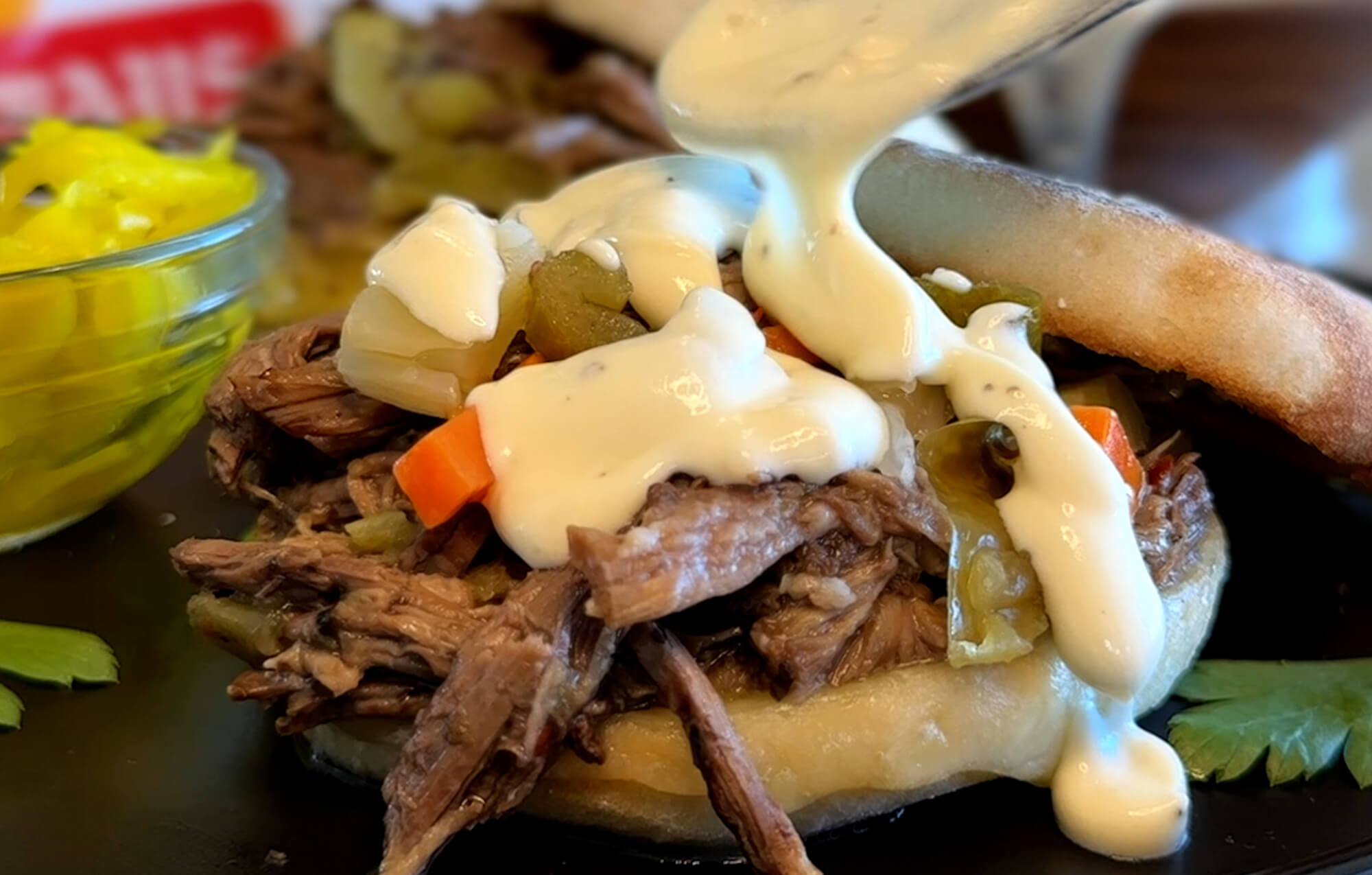 BAYS WITH PULLED BEEF WITH GIARDINIERA AND MAYO
