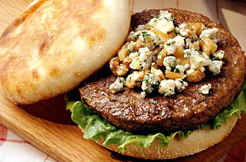 THICK PATTY WITH CRUMBLY CHEESE ON A BAYS ENGLISH MUFFIN