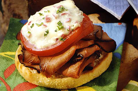 MELTED BLUE CHEESE, TOMATO, AND MEAT ON A BAYS ENGLISH MUFFIN