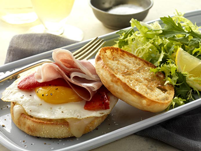 EGG AND THINLY SLICED HAM ON A BAYS ENGLISH MUFFIN