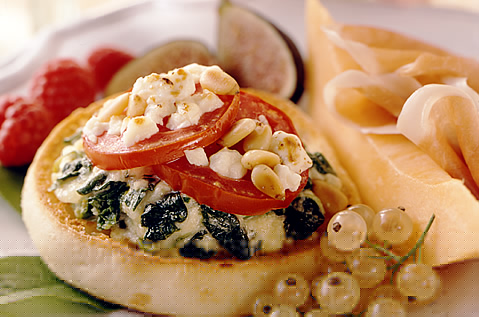 BAYS ENGLISH MUFFINS TOPPED WITH A COOKED SPINACH MIX, TOMATOES AND CHEESE