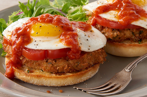 sunny side up egg on a veggie on Bays English Muffins