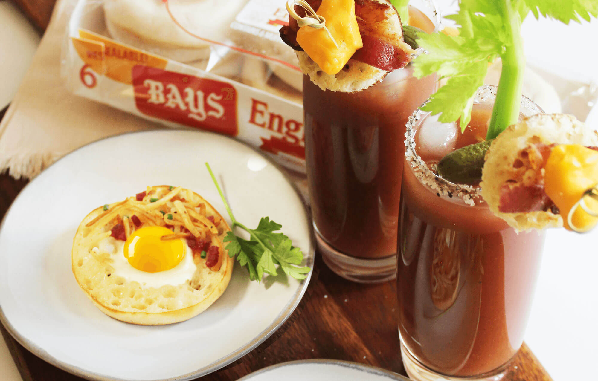 Egg in hole english muffin and bloody mary