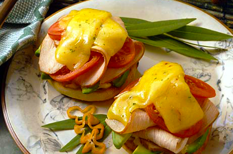BAYS TOPPED WITH SLICED TURKEY TOMATOES AND MELTY CHEESE