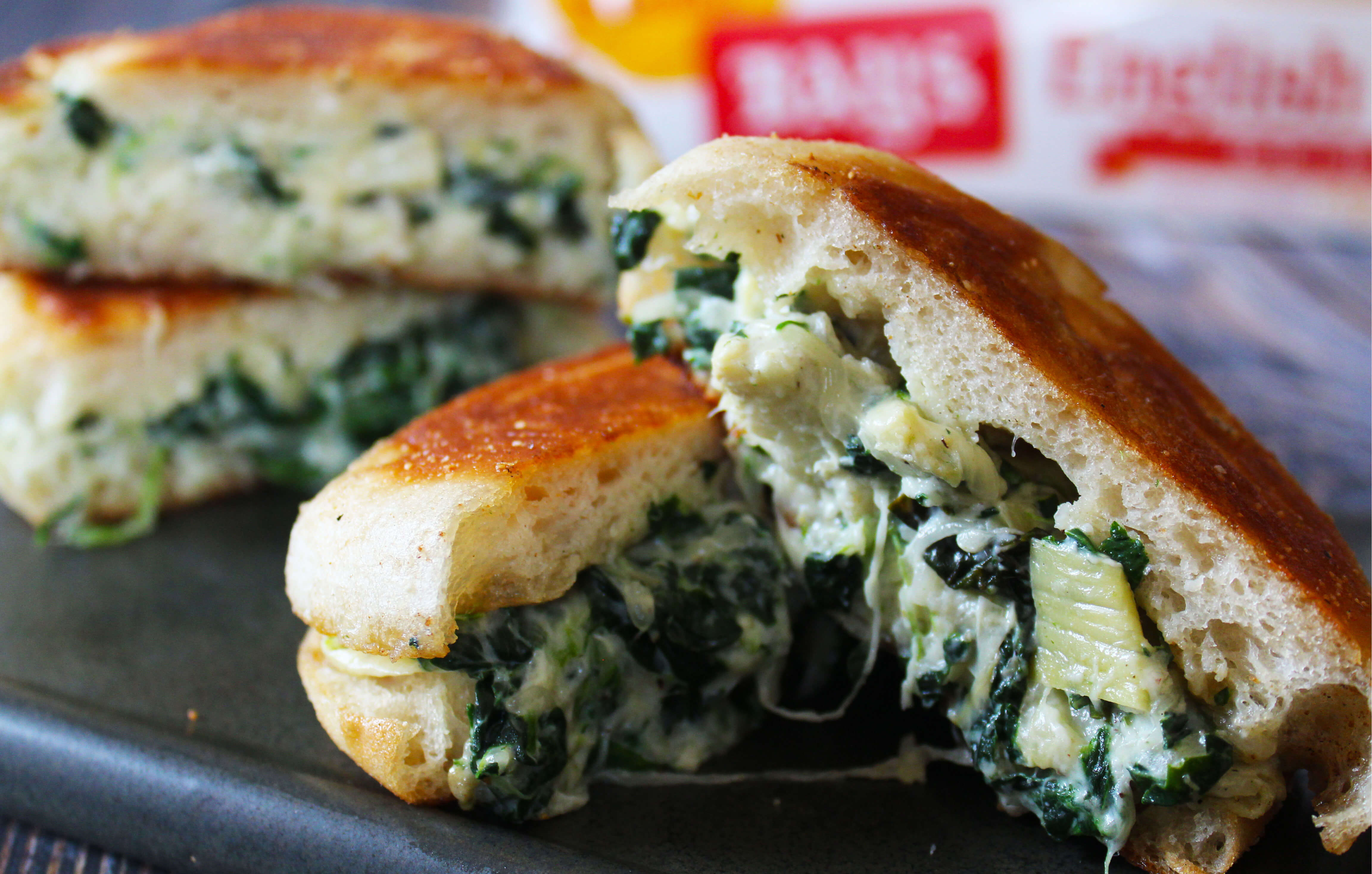 BAYS PANINI FILLED WITH A GREEN AND WHITE MELTY MIX