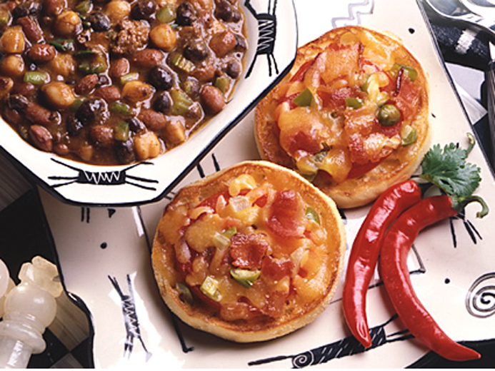 TWO BAYS ENGLISH MUFFINS WITH MELTED CHEESE AND MEAT