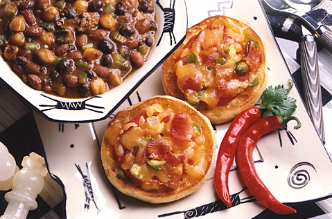 TWO BAYS ENGLISH MUFFINS WITH MELTED CHEESE AND MEAT