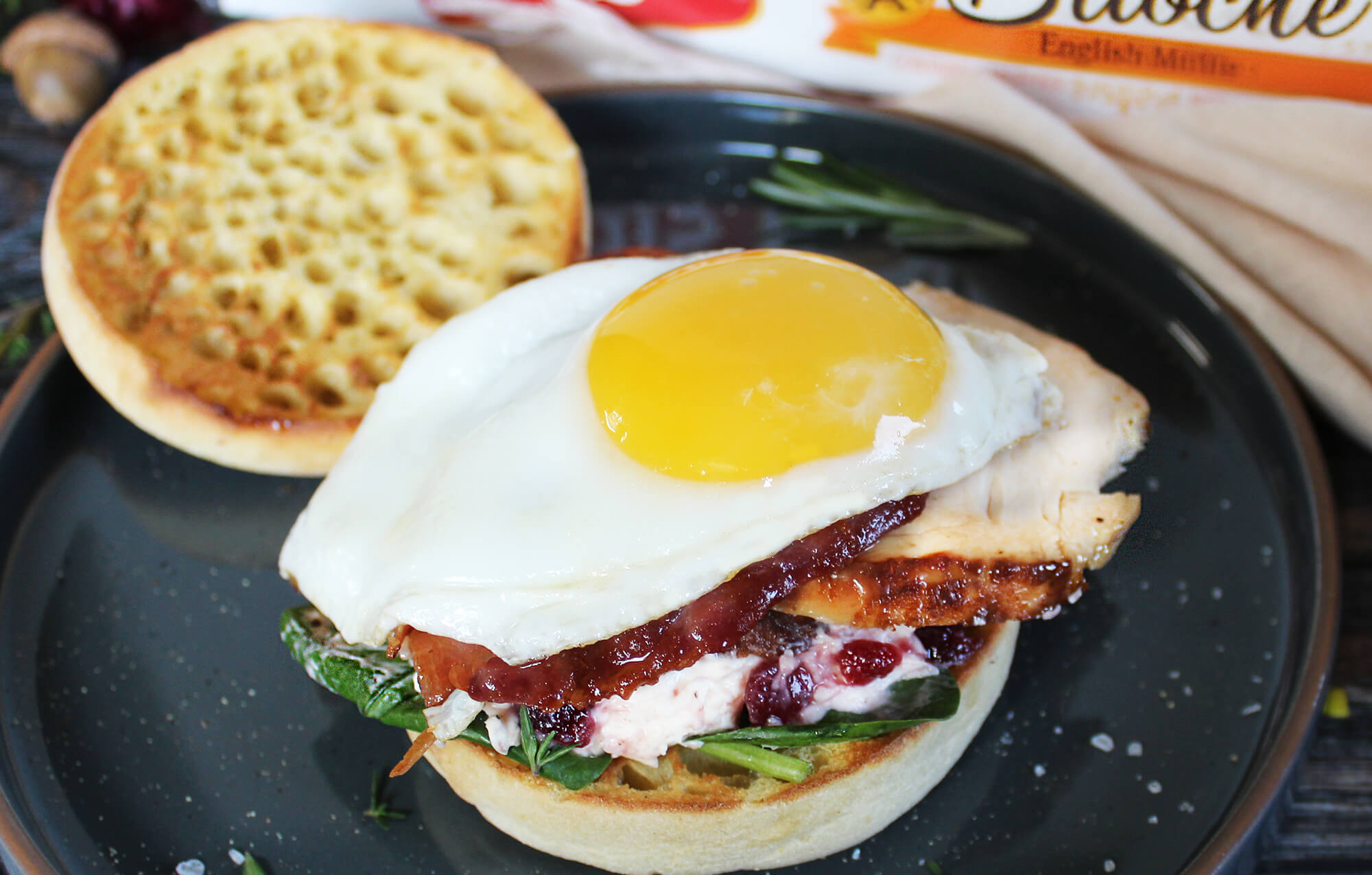 BAYS WITH A BIG EGG OVER WHITE MEAT AND CRANBERRY SAUCE